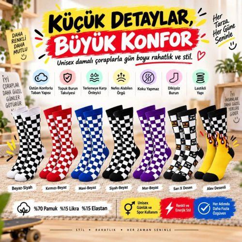 Unisex Çorap Dama Desenli Renkli 7'li Set Kareli Alev Desen Uzun Soket Günlük Spor Çorabı