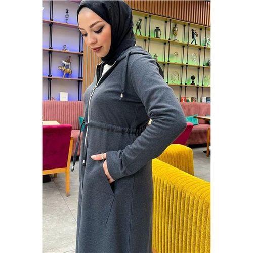 Kapşonlu Belden Bağlamalı Fermuarlı Sade Basic Uzun Tunik ve Pantolon İkili Spor Takım - 03065.017 - Antrasit