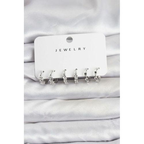 Pirinç Gümüş Renk Zirkon Taşlı Kadın Küpe Seti