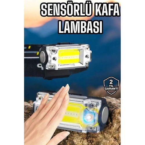 Beyaz Led Işık Sensörlü Kafa Lambası Lityum Batarya Led El Fenerli Şarjlı