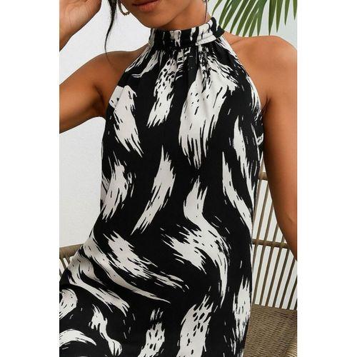 Kadın Kolsuz Boyundan Askılı Desenli Midi Süprem Elbise