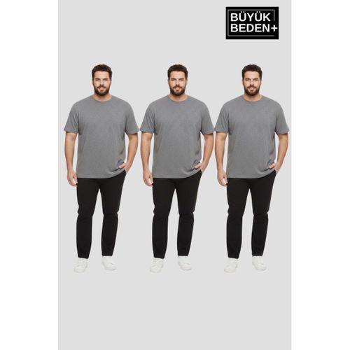 Büyük Beden Erkek Regular Kalıp Basic 3XL-6XL Bisiklet Yaka 3 lü Tişört Seti SPR26BTS510+3