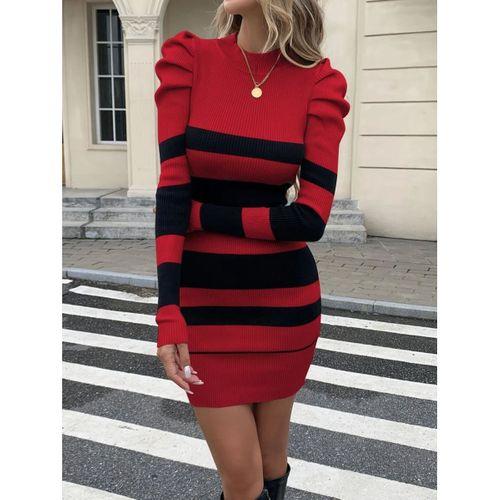 Kadın Uzun Kollu Yuvarlak Yaka Balon Omuz Kol Detaylı çok Renkli Mini Elbise