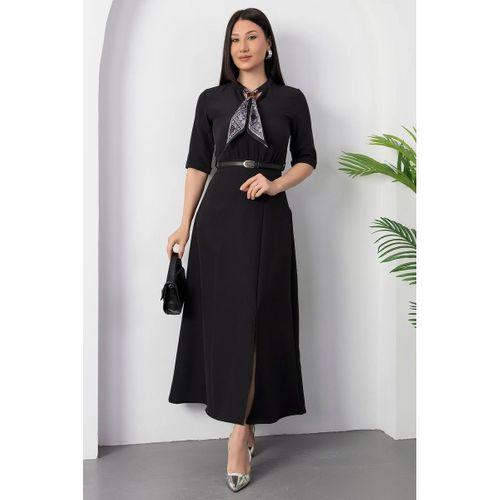 Kadın Kısa Kollu Fular Ve Kemer Detay önden Yırtmaçlı Maxi Boy Elbise