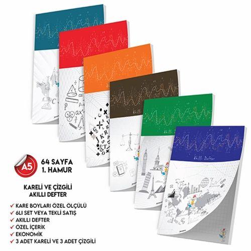 Çizgili ve Kareli Not Defteri 64 Sayfa Akıllı Defter Seti 6lı A5 Tam Beyaz