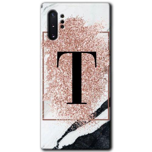 Galaxy Note 10 Plus Kılıf HD Desen Baskılı Arka Kapak - Pembe Mermer Desenli T Harfi + Kırılmaz Cam