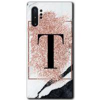 Galaxy Note 10 Plus Kılıf HD Desen Baskılı Arka Kapak - Pembe Mermer Desenli T Harfi + Kırılmaz Cam