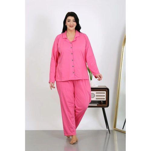 Kadın Büyük Beden Pamuklu Cepli Düğmeli Pembe Pijama Takım