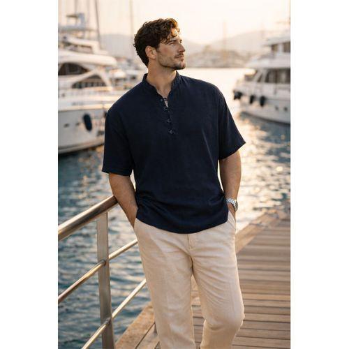 Wes Oversize Yarım Pat Bambu Kısa kol Gömlek - Lacivert