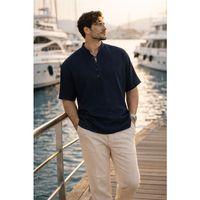 Wes Oversize Yarım Pat Bambu Kısa kol Gömlek - Lacivert