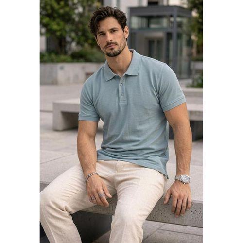 Orlando Polo Yaka Pike Kumaş Relaxed Fit Basic Düğmeli Relaxed Fit Erkek T-Shirt - Açık Mavi