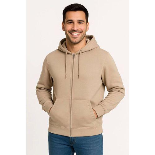 Erkek Üç İplik Kapüşonlu Tam Fermuarlı Kanguru Çepli SweatShirt Hoodie - Bej