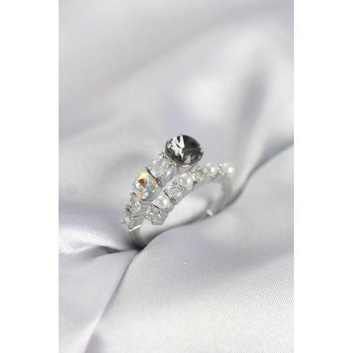 Gümüş Renk Pirinç Zirkon Taşlı İncili Kadın Yüzük