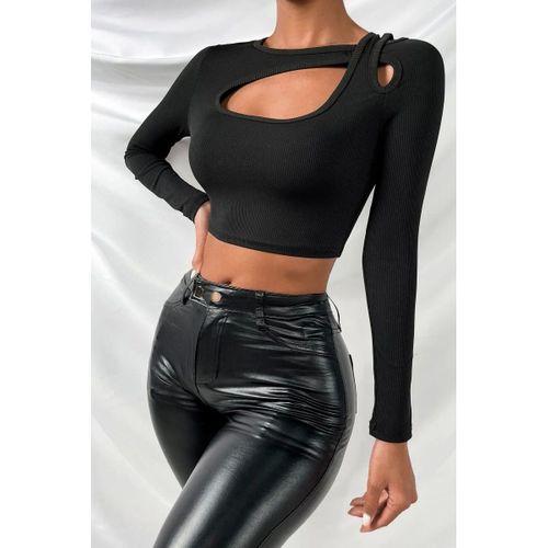 Kadın Siyah Modern Fit Göğüs Dekolteli Çapraz Askılı Uzun Kollu Crop Top Bluz