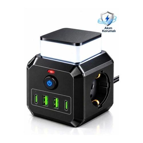 Akım Korumalı 3’lü Priz 2200w 1050j 10a Gece Lambalı 2 Usb 2 Type-c Şarj Girişli Bsp-4