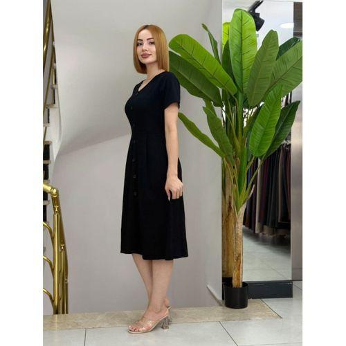 Kadın Kısa Kollu V Yakalı önden Düğmeli A Kesim Dokuma Elbise