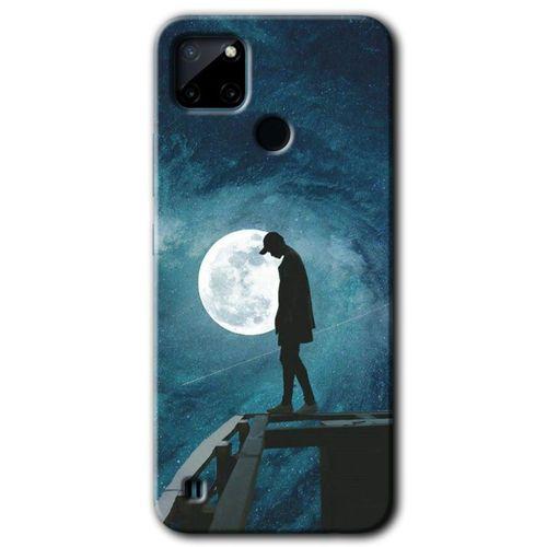 MRCİLETİSİM Realme C21 Kılıf Baskılı Kapak - Dolunay Yalnızlık + 5D Tam Kaplayan Cam