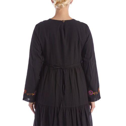 Uzun Kol Bisiklet Yaka Nakışlı Vual Siyah İlkbahar & Yazlık Elbise