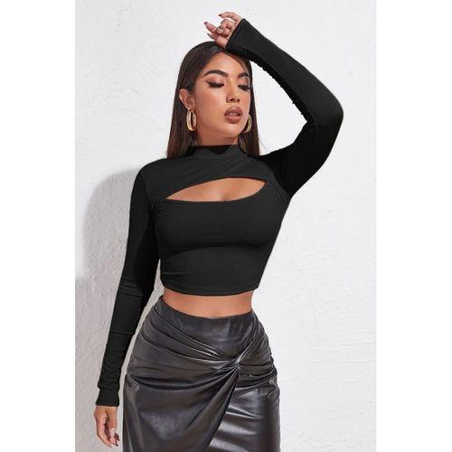 Kadın Siyah Modern Fit Göğüs Dekolteli Uzun Kollu Cut Out Crop Top Bluz
