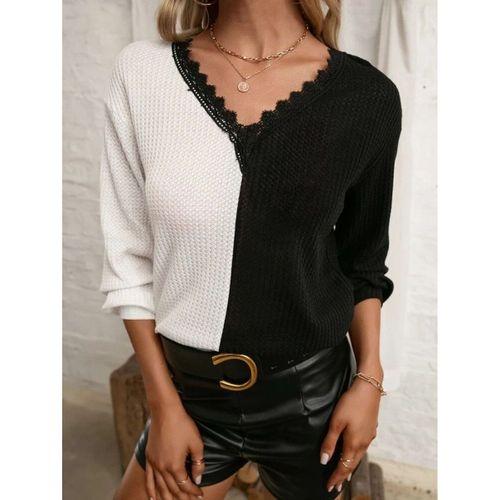 Kadın Uzun Kollu V Yakalı çift Renkli Triko Bluz
