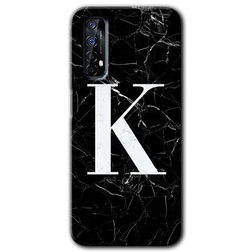 Realme 7 Kılıf Baskılı Kapak - Siyah Mermer Desenli K Harfi + 5D Tam Kaplayan Cam