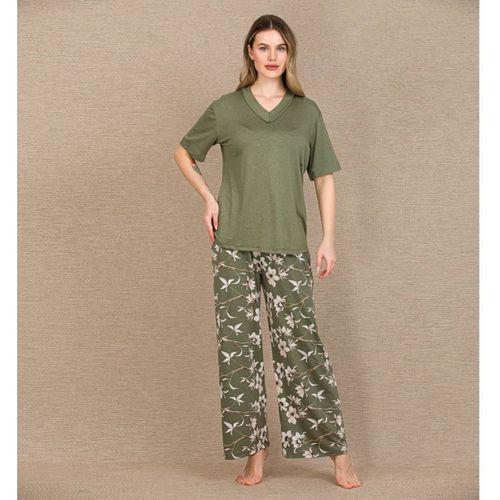 Şık Tasarım Çiçek Desenli Yeşil Kısa Kol Viskon Pijama Takımı