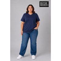 Süperlife Büyük Beden Kadın V Yaka Pamuklu Basic Tişört Lacivert 3XL-6XL SPR26BTSK509