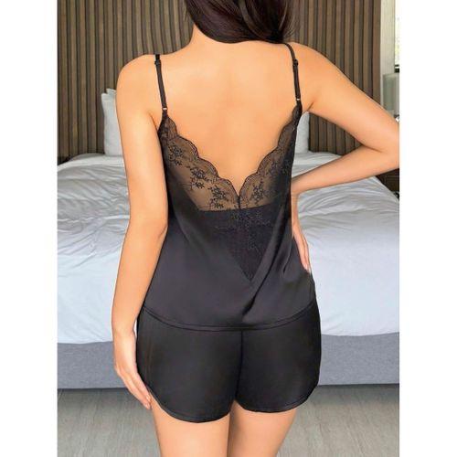 Kadın Siyah Şort Askılı Dantel Üst Pijama Takımı 2233