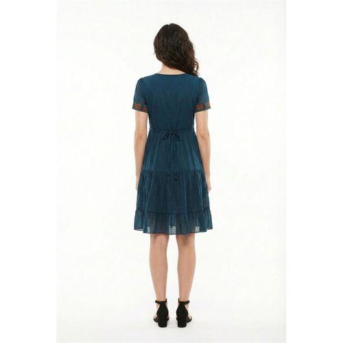 Kısa Kol Neva Bisiklet Yaka Nakışlı Otantik Vual Kısa Elbise Petrol Ptrl