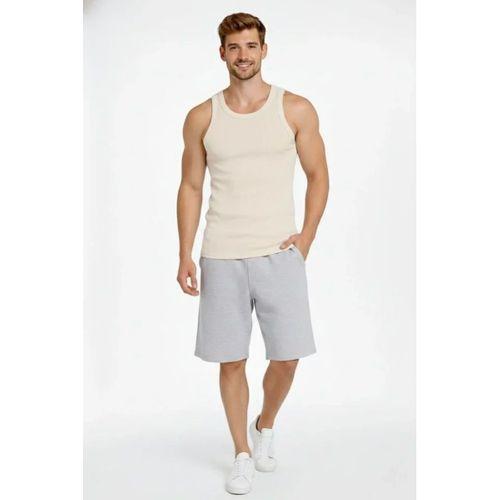 Erkek Fitilli Atlet Sıfır Yaka Slim Fit Arka Baskılı Spor Atlet - Krem