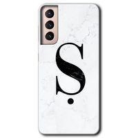 Samsung Galaxy S21 Plus HD Baskılı Kılıf + 9D Tam Ekran Koruyucu - Beyaz Mermer Desenli Ş Harfi