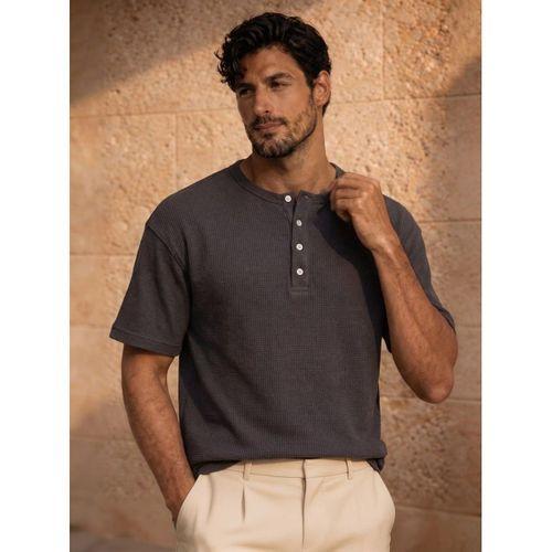 Roth Relaxed Fit Günlük Henley Yaka Waffle Kumaş Yazlık Kısa Kollu T-Shirt - Füme