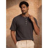 Roth Relaxed Fit Günlük Henley Yaka Waffle Kumaş Yazlık Kısa Kollu T-Shirt - Füme