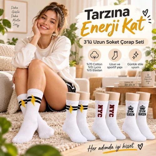 Kadın Spor Çorap Beyaz Yazılı 3'lü Set Uzun Soket Pamuklu Dikişsiz Nefes Alan Spor Konforlu Çoraplar