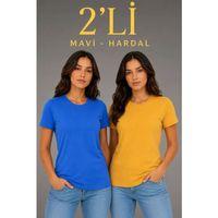 Basic Bisiklet Yaka Yazlık Slim Fit T-Shirt - Mavi - Hardal Sarısı