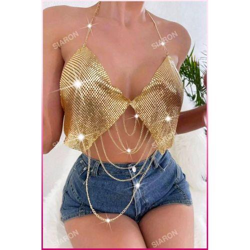 Kadın Zincir Detaylı Askılı Crop Bluz Metal Dokulu Şık Parti Festival Club Konser Üstü