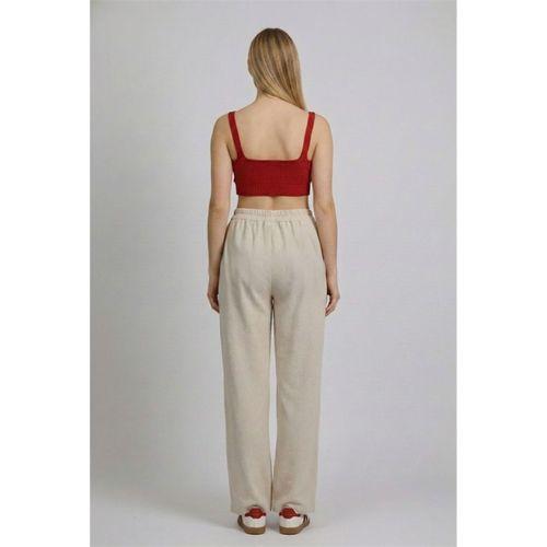 Beli Lastikli Hülya Çiçek Desenli Otantik Çift Cepli Yazlık Keten Pantolon Krem Krm