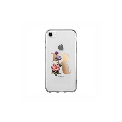 iPhone 8 Şeffaf Kılıf Gold Renkli Çiçekli R Harfli Desenli