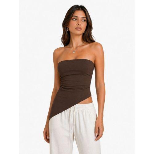 Kadın Straplez Yaka Viskon Ribana Kumaş Asimetrik Kesim Bluz