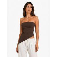 Kadın Straplez Yaka Viskon Ribana Kumaş Asimetrik Kesim Bluz