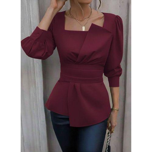 Kadın Uzun Kollu Geometrik Yakalı Belden Oturmalı Ithal Krep Bluz