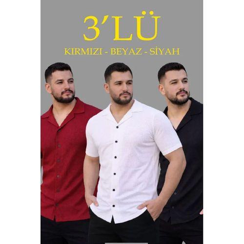 Erkek Waffle Dokuma Açık Yakalı Düğmeli Regular Kalıp 3’lü Gömlek Seti - Siyah, Kırmızı, Beyaz
