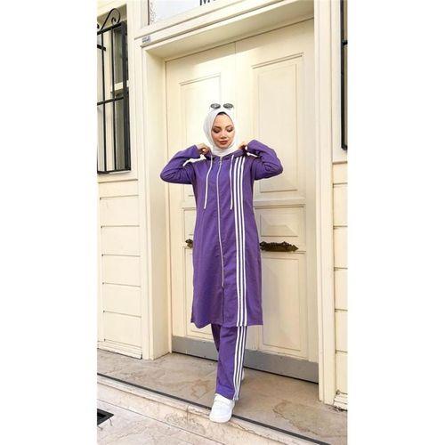 Fermuarlı Kapşonlu Uzun Tunik Pantolon İkili Tesettür Eşofman Takımı - 03077 - Koyu Lila
