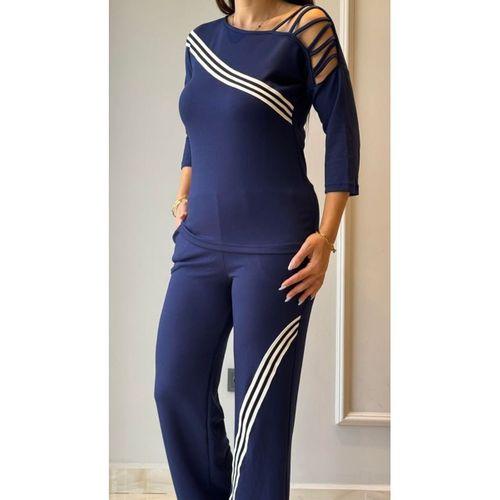 Kadın Uzun Kollu Truvakar Kol Tek Omuz çapraz şerit Detaylı Ribanalı Viskon Iki Iplik Bluz Ve Pantolon Ikili Takım