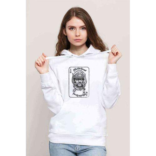Motorhead Iskanbil Baskılı Beyaz Kadın Kapşonlu Sweatshirt