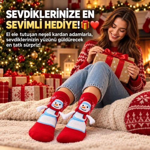Kırmızı Kardan Adam 2'li Desenli Yılbaşı Çorabı | 3d Kollu El Ele Tutuşan Eğlenceli Soket Çorap Seti
