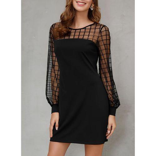 Kadın Uzun Kollu Geometrik Tül Detaylı Ithal Krep Elbise