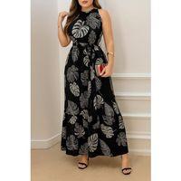 Kadın Sıfır Kok Bağcıklı Kemerli Etek Ucu Fırfırlı Desenli Süprem Elbise