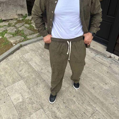 Erkek Fitilli Kadife Cepli Buggy Pantolon Oversize Rahat Kalıp - Haki