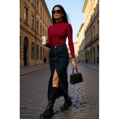 Kadın Bordo Modern Fit Kolsuz Balıkçı Yaka Basic Bluz